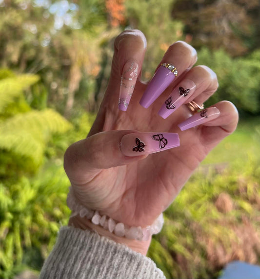 Long Coffin Press on Nails. Pink with Butterflies & Jewels. Easy and quick to apply. Great for those special occasions, parties or add an edge to any outfit. Gorgeous, flattering and you can re-use them again and again.