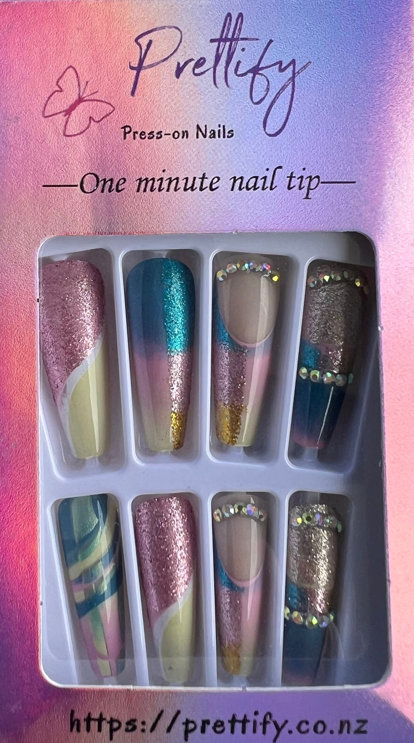 Pale Pink, Blue & Yellow with Glitter & Jewels - Coffin Press on Nails #BKS1517