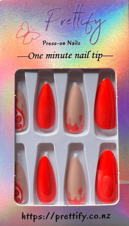 Almond Press on Nails. Bright Orange & Pale Pink with Orange Segments. Durable Acrylic Press on Nails. Easy and quick to apply. Great for those special occasions, parties or add an edge to any outfit. Gorgeous, flattering and you can re-use them again and again.