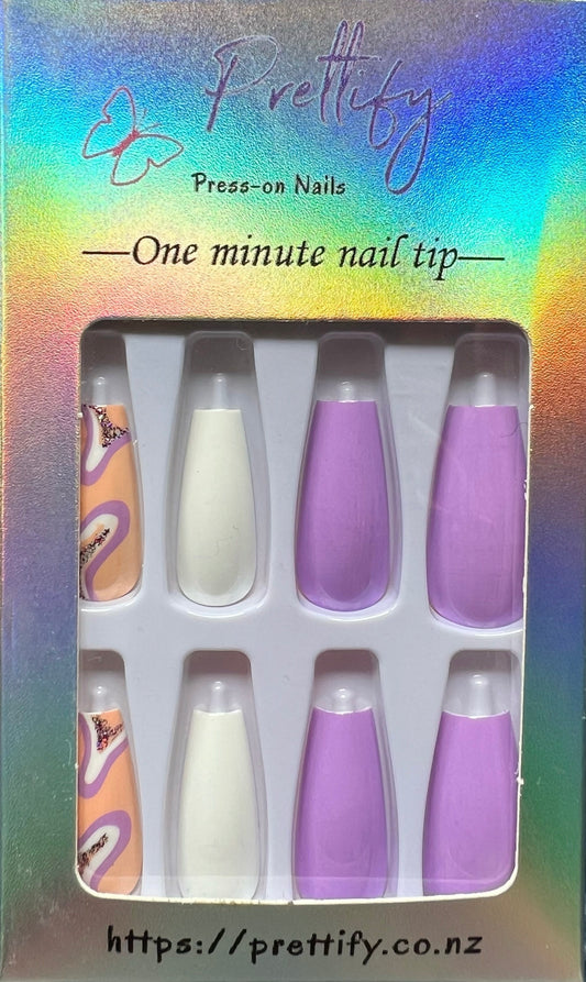 Lilac, Pink & White with Swirls - Coffin Press-on Nails #W156