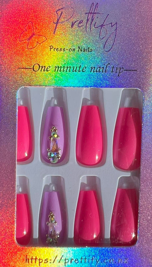 Bright Pink, Lilac & White with Glitter & Jewels - Coffin Press on Nails #Z726