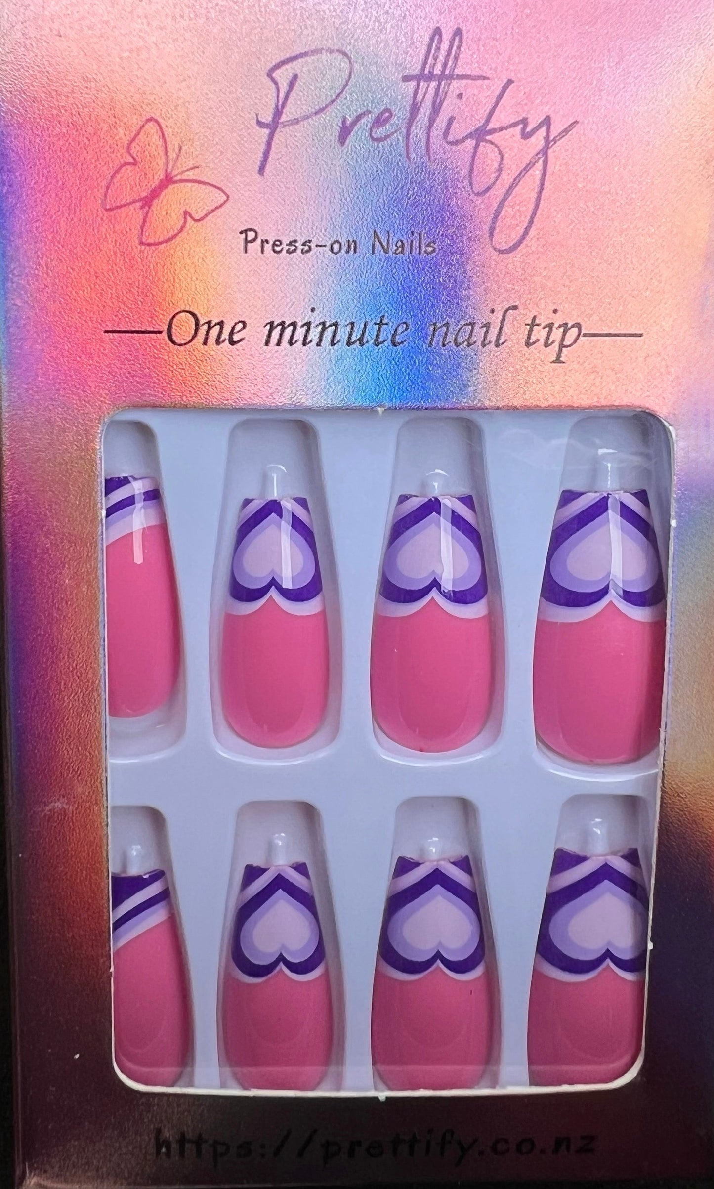 Pink with Purple Heart - Coffin Press on Nails  #040