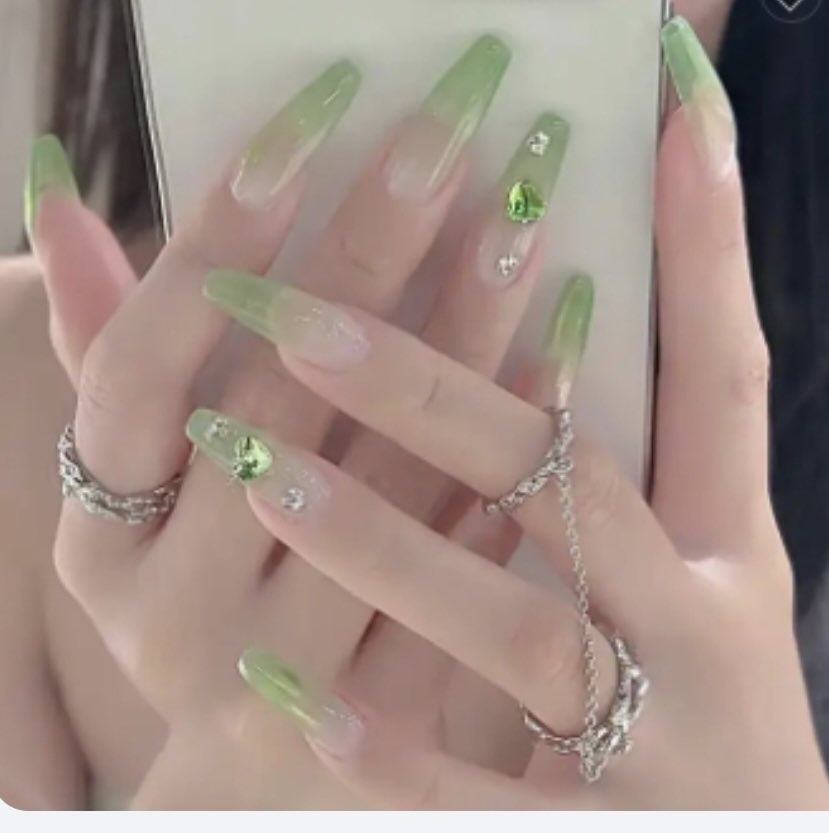 Long Coffin Press on Nails. Green Ombre with Heart & Jewels. Easy and quick to apply. Great for those special occasions, parties or add an edge to any outfit. Gorgeous, flattering and you can re-use them again and again.