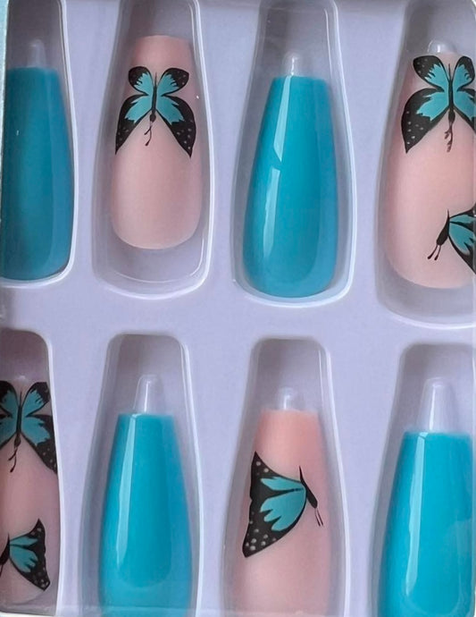 Medium Length Coffin Press on Nails. Turquoise & Butterflies. Easy and quick to apply. Great for those special occasions, parties or add an edge to any outfit. Gorgeous, flattering and you can re-use them again and again.