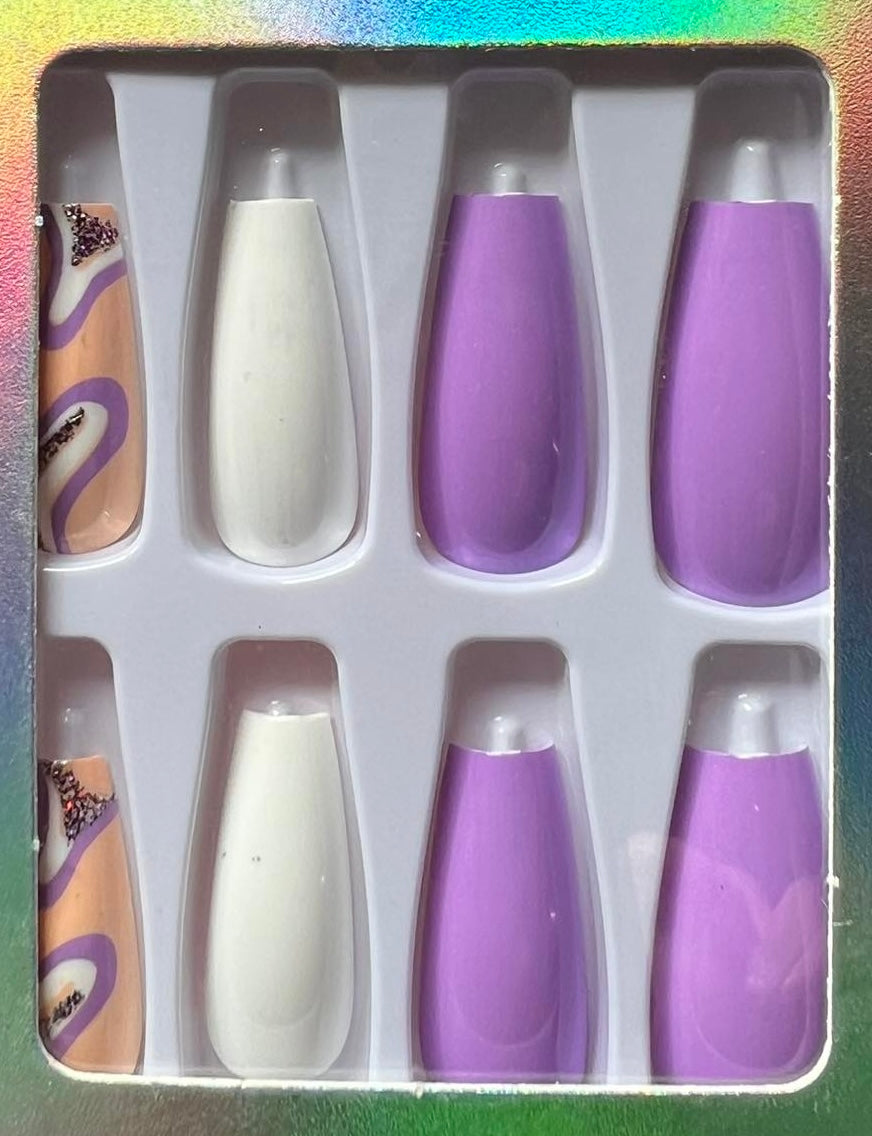 Lilac, Pink & White with Swirls - Coffin Press-on Nails #W156