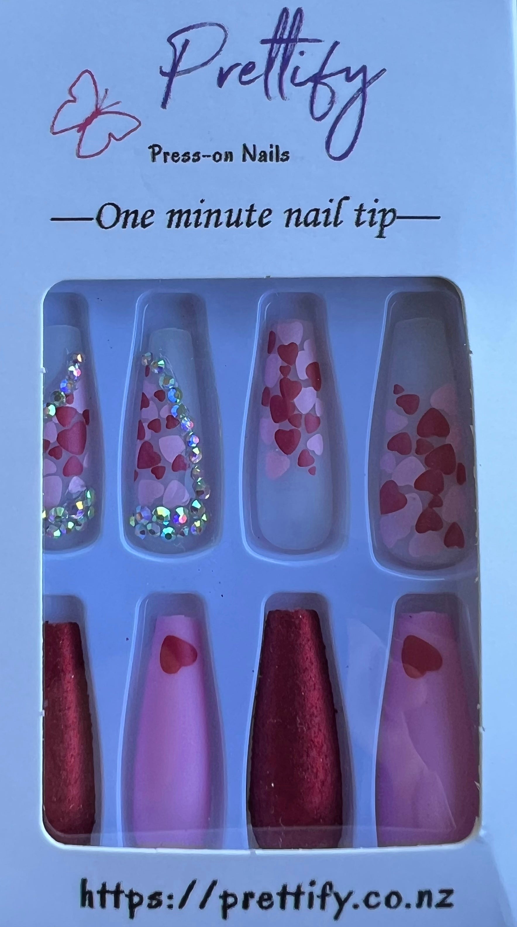 Long Coffin Press on Nails. Red & Pink Hearts & Jewels. Easy and quick to apply. Great for those special occasions, parties or add an edge to any outfit. Gorgeous, flattering and you can re-use them again and again.