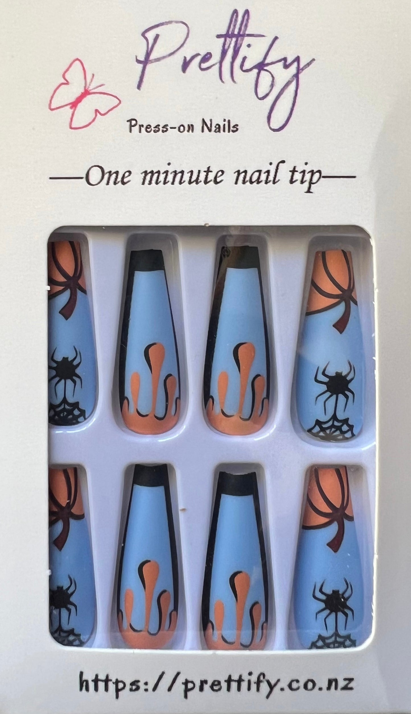 Halloween - Orange & Blue with Spiders. Press on Nails - Long Coffin Style.