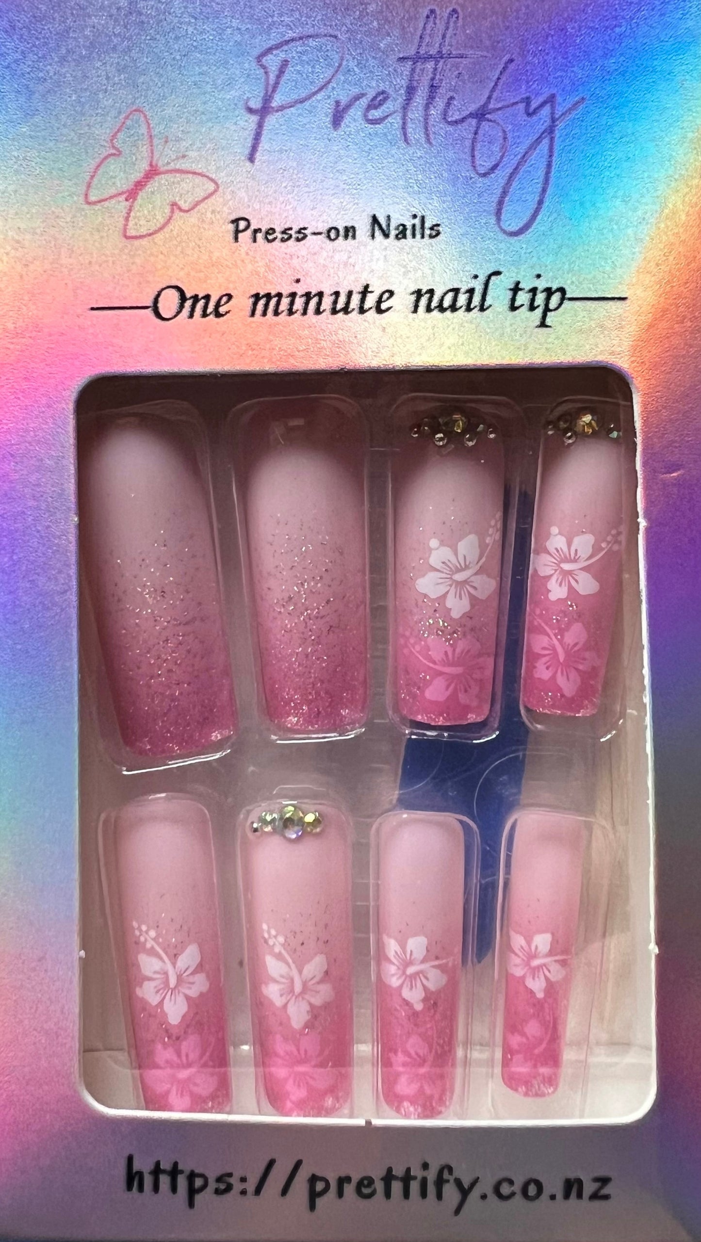 Pink & White Flowers & Jewels - Square Press on Nails #G002