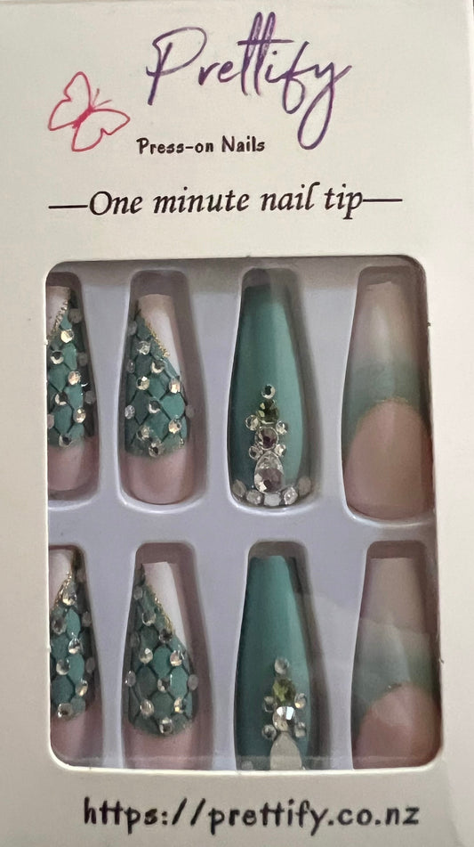 Teal/White & Jewels - Coffin Press on Nails 24pcs #335