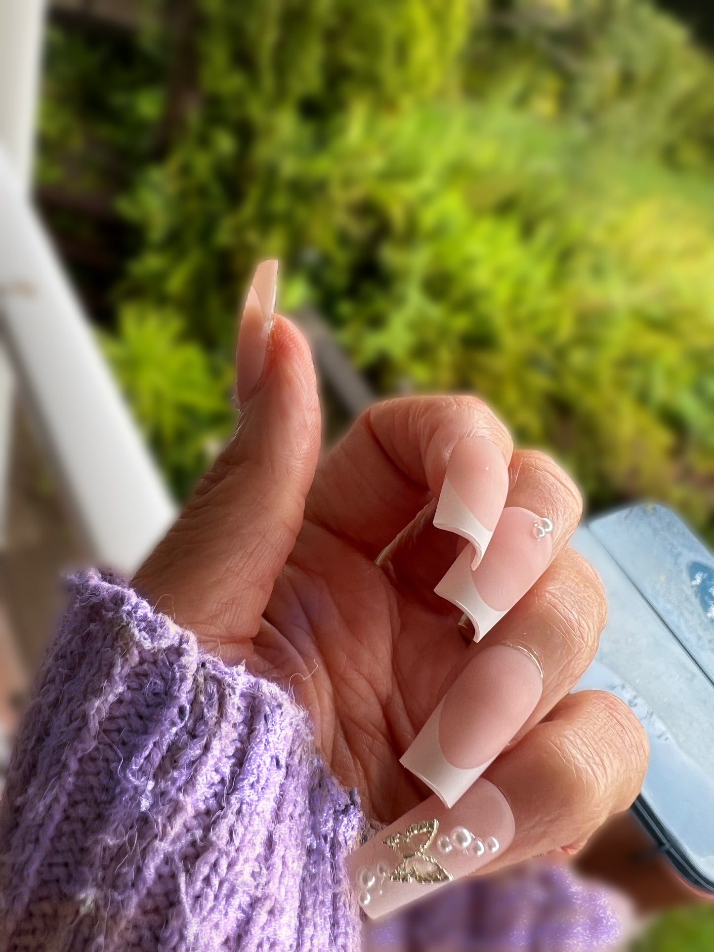 White Tips & White with Pearls & Silver Butterflies - Coffin #Z543
