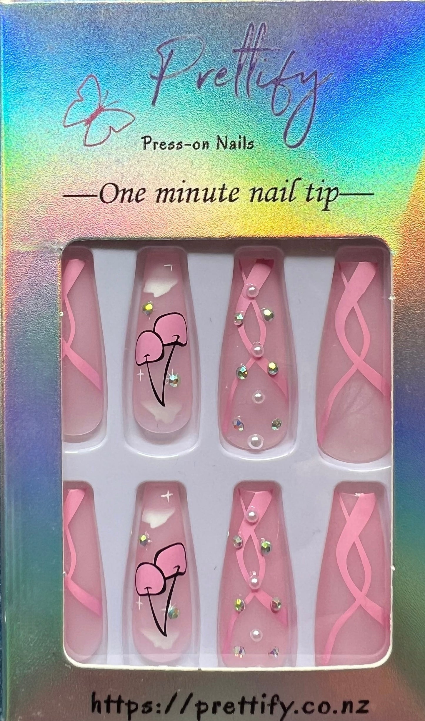 Long Coffin Press on Nails. Clear Pink with Butterflies & Cherries. Durable Acrylic Press on Nails. Easy and quick to apply. Great for those special occasions, parties or add an edge to any outfit. Gorgeous, flattering and you can re-use them again and again.