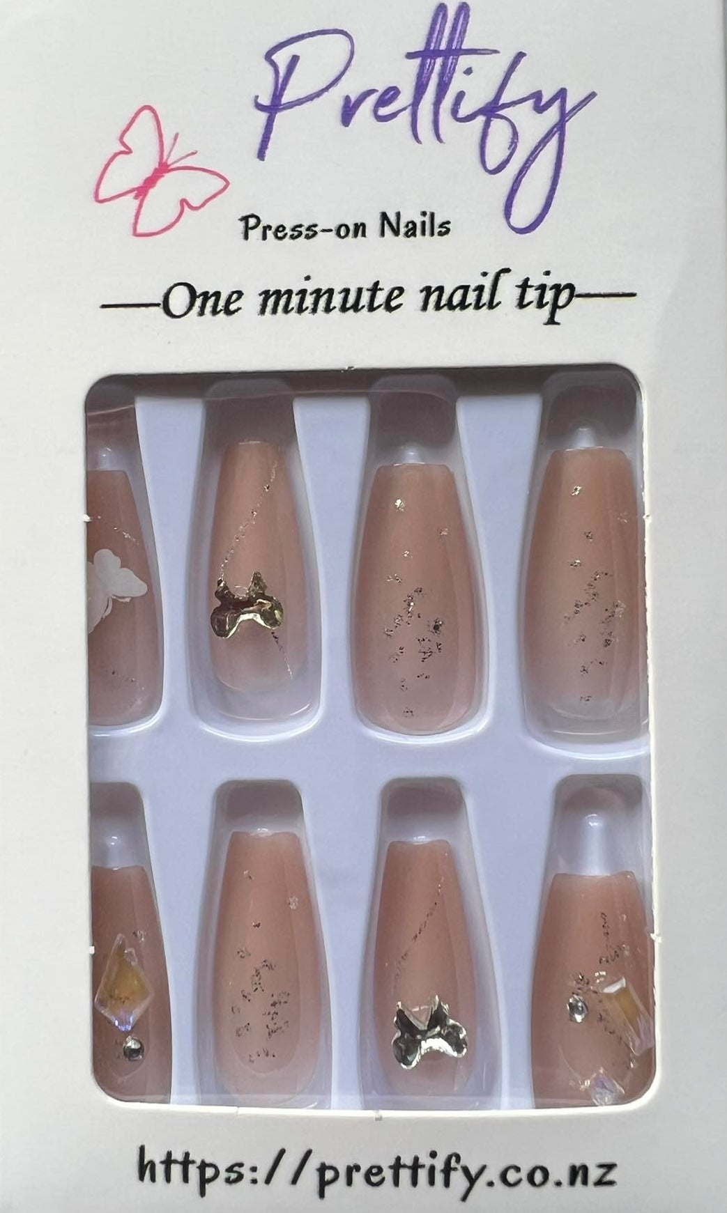 Clear Pink with Butterflies & Jewels - Coffin Press on Nails #Z660
