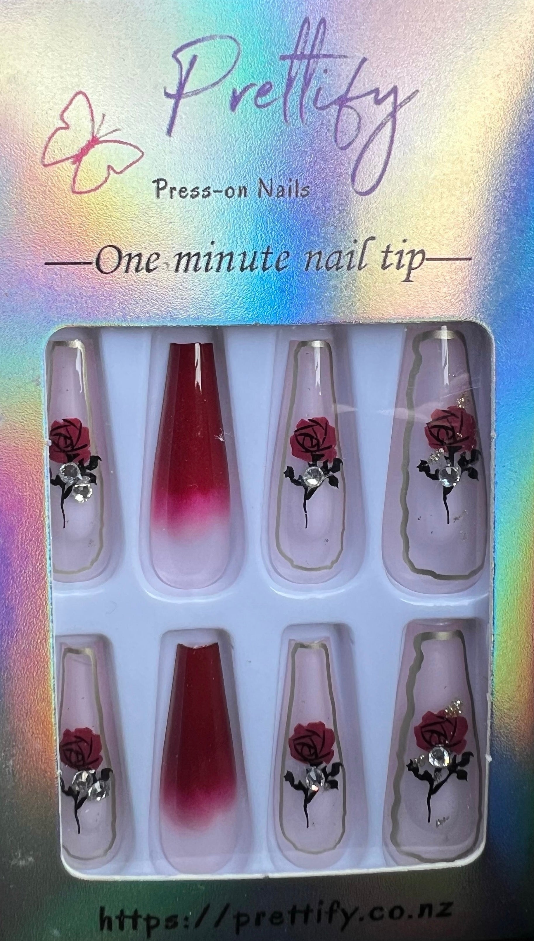 Long Coffin Press on Nails. Red Ombre with Gold Tips, Rose & Jewel. Easy and quick to apply. Great for those special occasions, parties or add an edge to any outfit. Gorgeous, flattering and you can re-use them again and again.