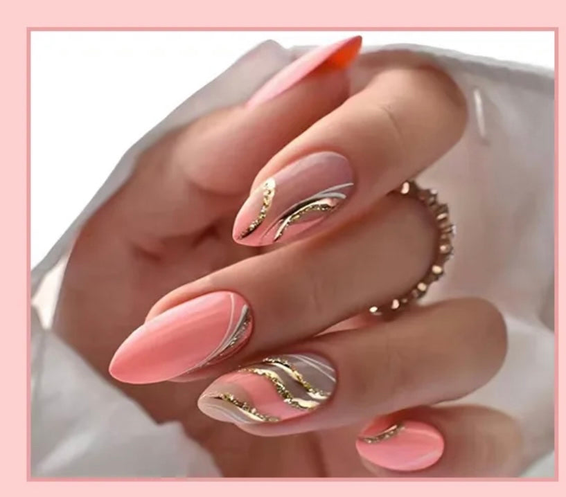 Peach with Gold & White Stripes & Gold Glitter Bands - Almond Press on Nails #W459