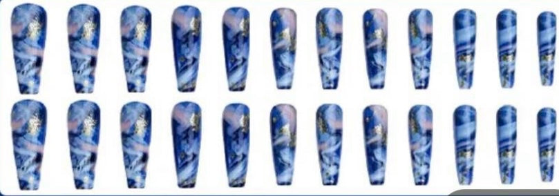 Light Blue & Dark Blue & Pink Swirls with Gold Glitter - Coffin Press on Nails #BKS1471