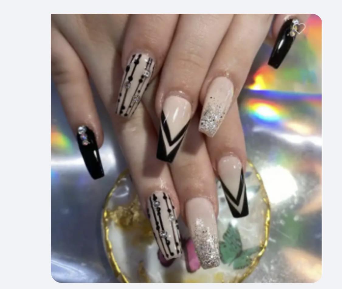 Long Coffin Press on Nails. Very Pale Pink & Black with Jewels. Easy and quick to apply. Great for those special occasions, parties or add an edge to any outfit. Gorgeous, flattering and you can re-use them again and again.