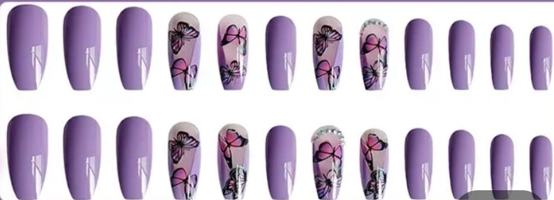 Lilac with Pink Butterflies & Jewels - Coffin Press on Nails #CZ043