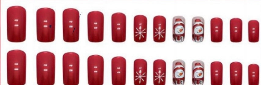 Christmas Theme - Glossy Red with Snowmen - Square Nails.