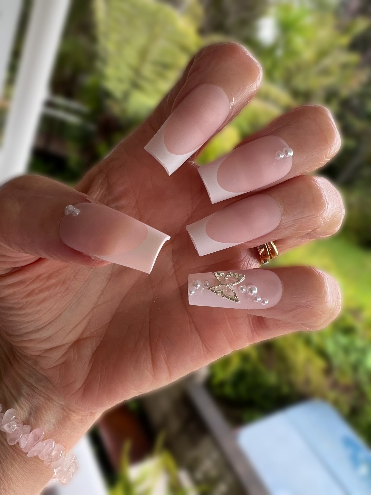 White Tips & White with Pearls & Silver Butterflies - Coffin #Z543