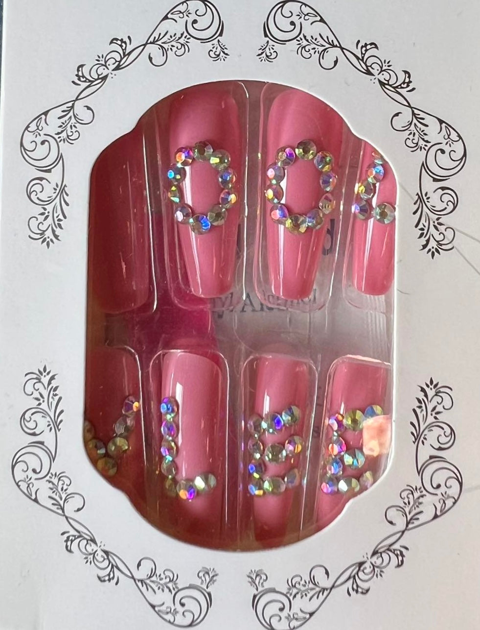 Pink 'Love' & Jewels - Coffin Press on Nails #4444