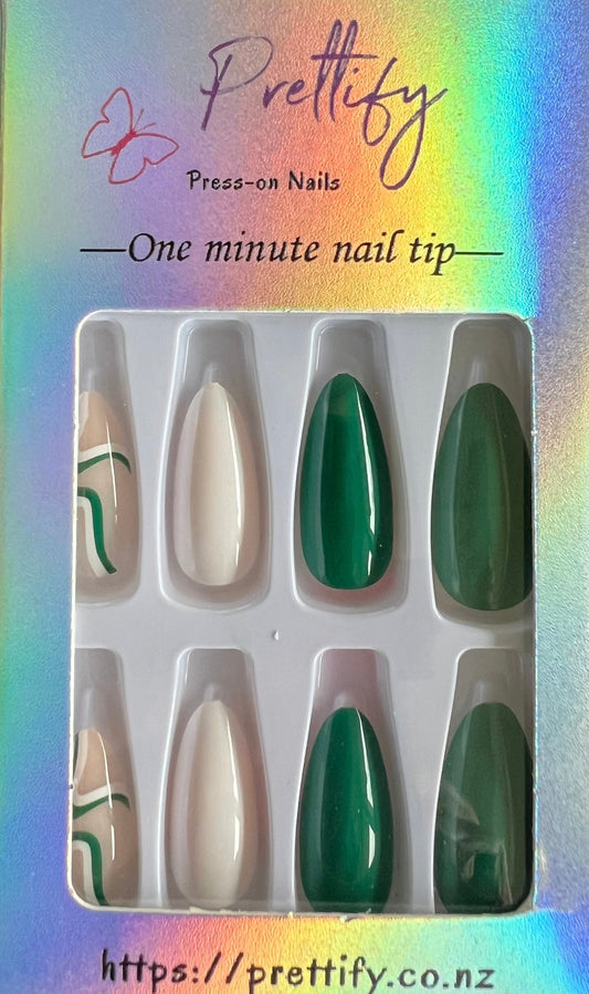 Green & White Swirls - Oval Style Press on Nails.
