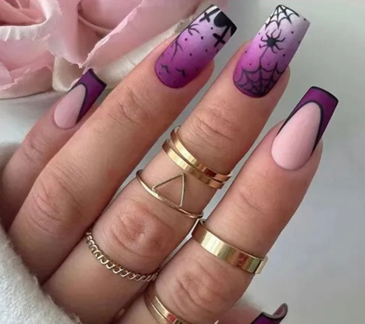Creepy and Crawly Halloween Nails. Purple, Pink & White with Spiders and Spider Webs, Bats & Tombstones. So Spooky.