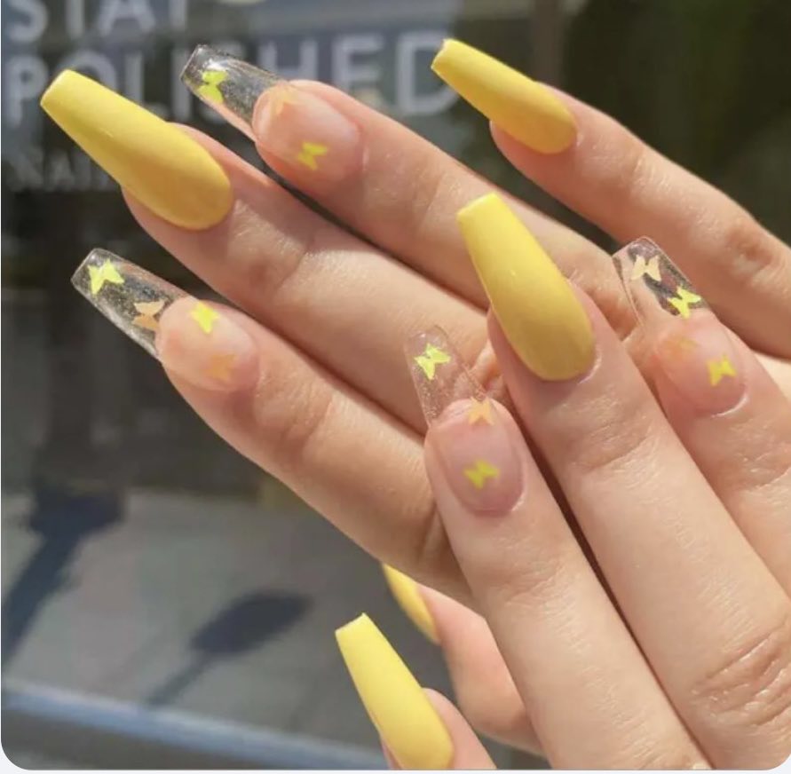 Long Coffin Press on Nails. Yellow and Clear with Butterflies. Durable Acrylic Press on Nails. Easy and quick to apply. Great for those special occasions, parties or add an edge to any outfit. Gorgeous, flattering and you can re-use them again and again.