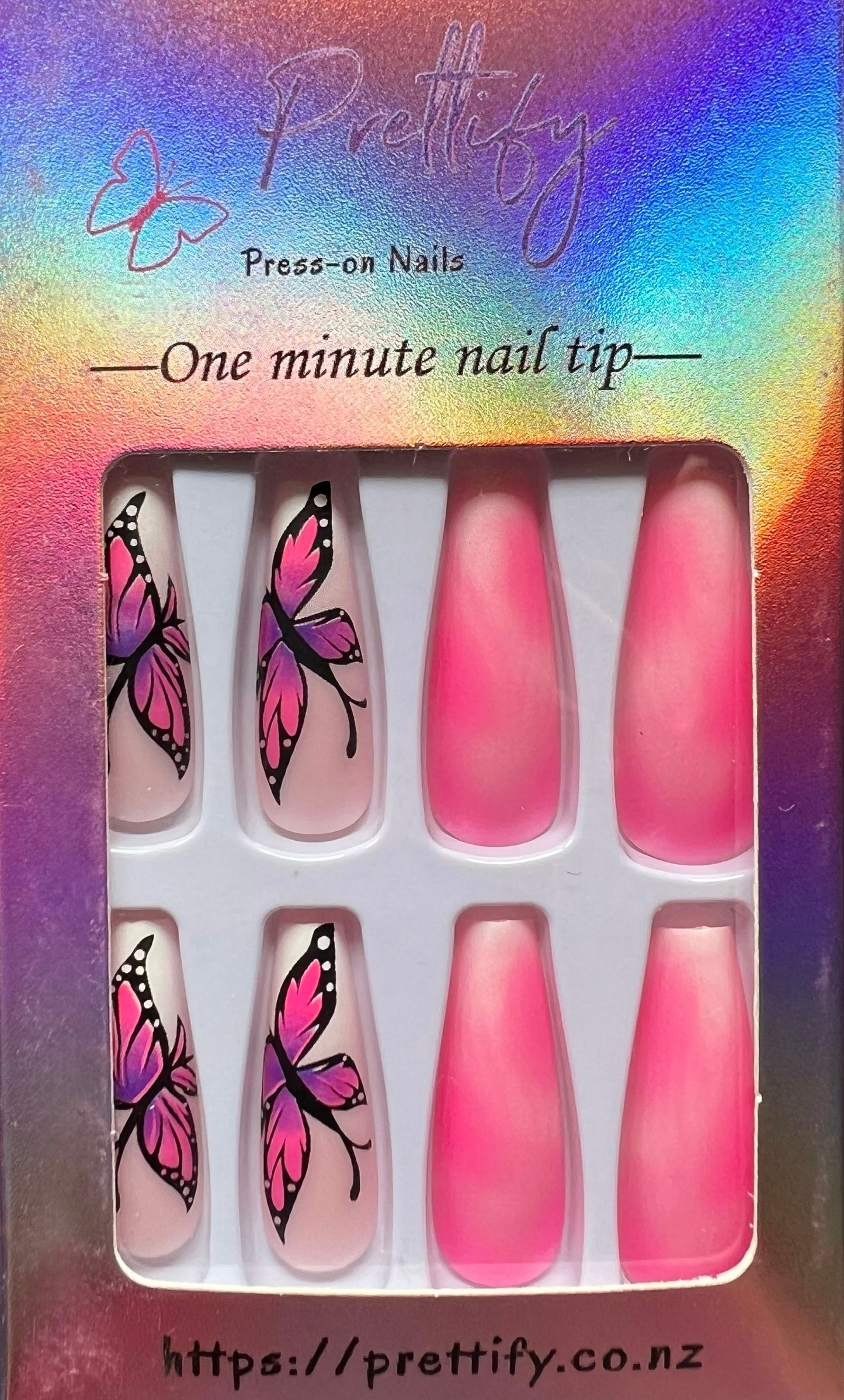 Pale & Dark Pink with Butterflies - Coffin Press on Nails #201