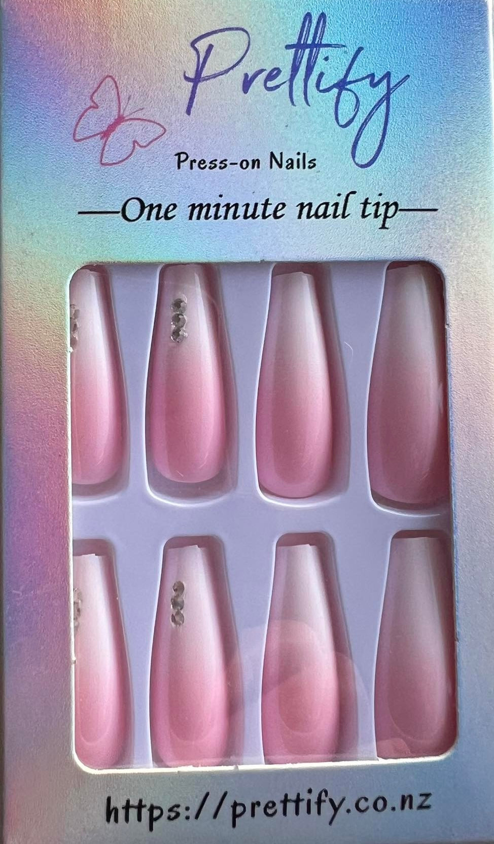 Ombre Pink & White with Jewels - Coffin Press on Nails #W054
