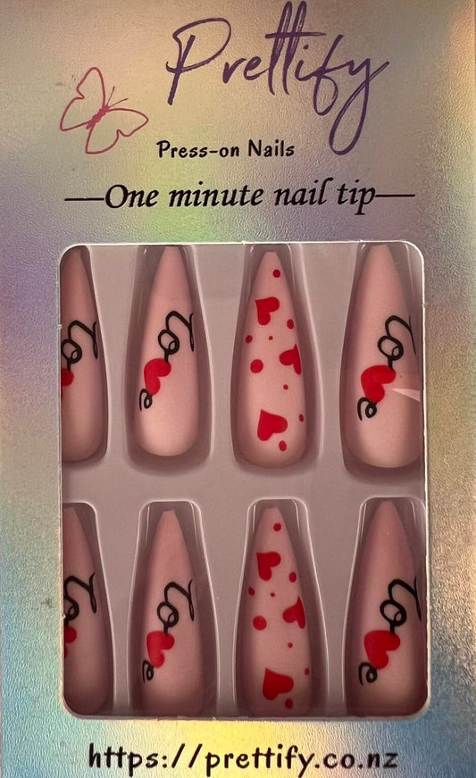 Pale Pink with Red Hearts & 'Love' - Stiletto Press on Nails #W729