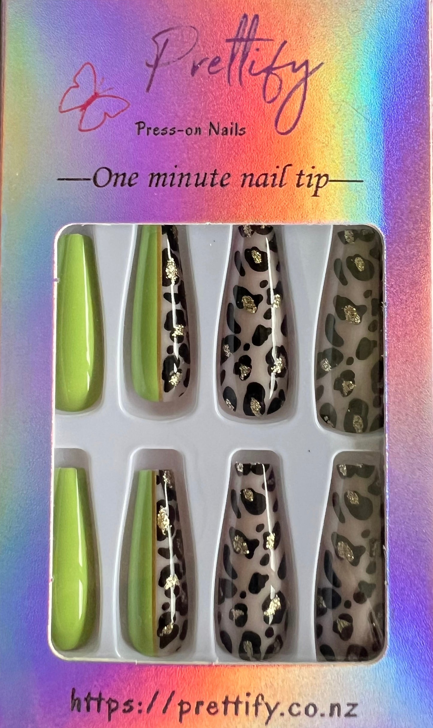 Green & Black & White Leopard Print - Coffin Style Press on Nails