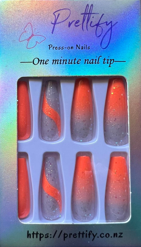 Orange & Clear with Glitter - Coffin Press on Nails #W941