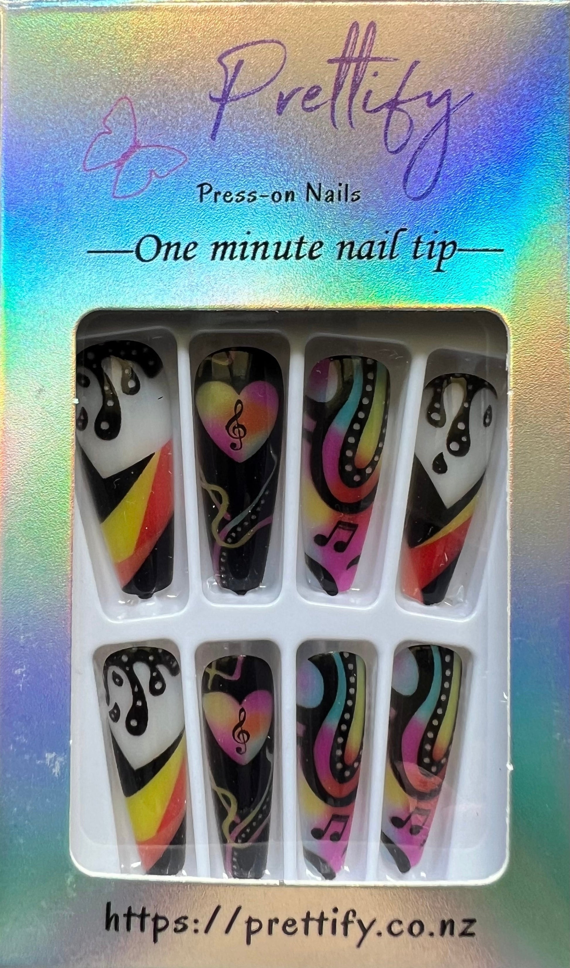 Black & Multi Coloured with Musical Notes. Press on Nails - Long Coffin Style. 24pcs.