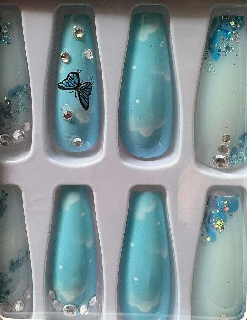 Blue with Clouds, Butterflies & Jewels - Coffin Press on Nails #222
