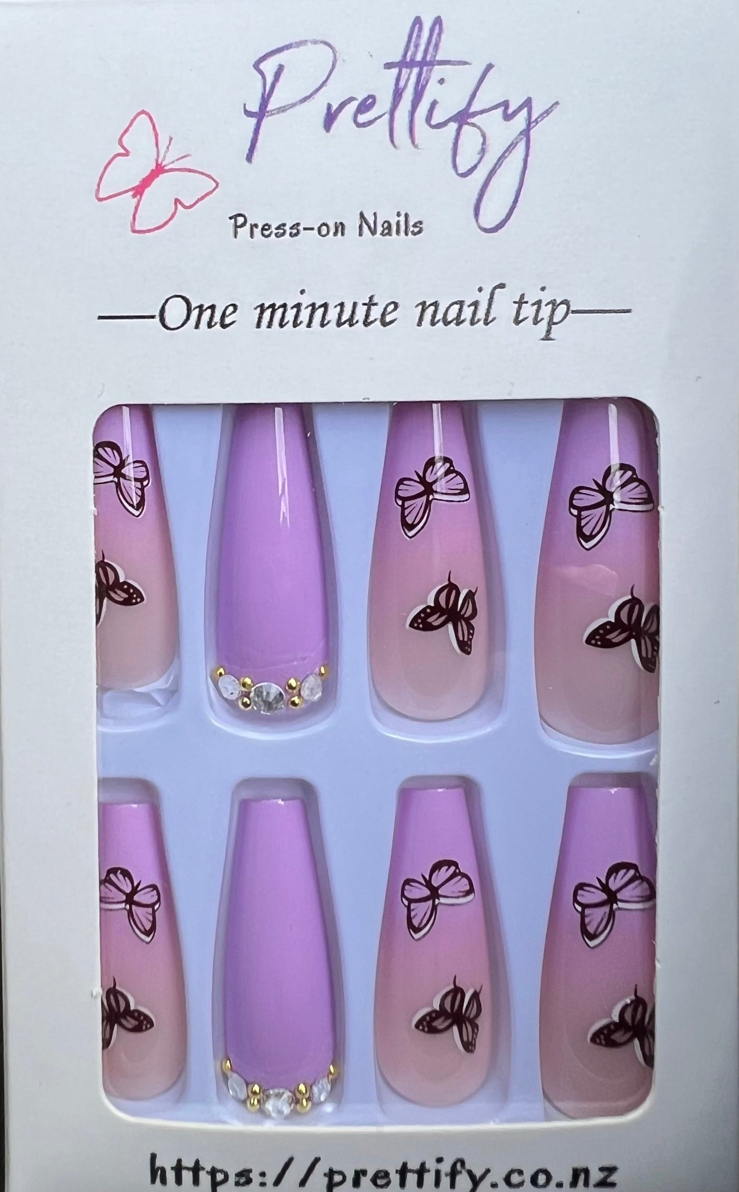 Pink with Butterflies & Jewels - Coffin Press on Nails #415