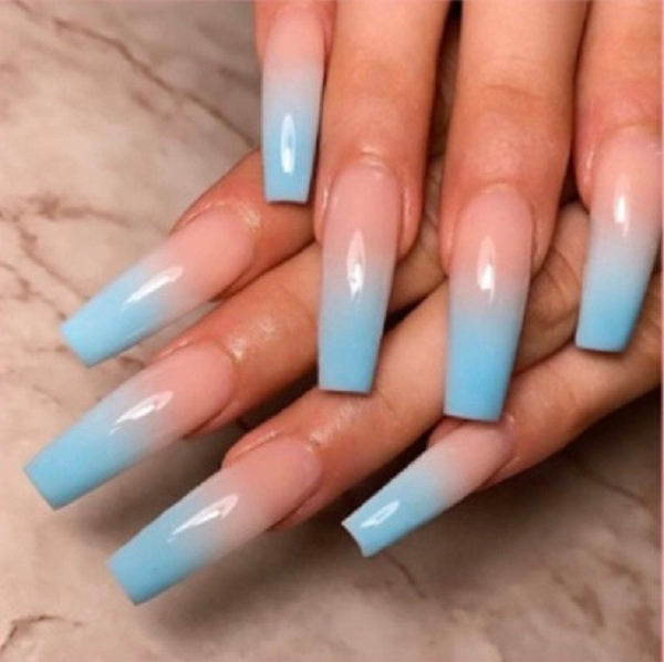 Long Coffin Press on Nails. Pale Pink & Blue Ombre. Easy and quick to apply. Great for those special occasions, parties or add an edge to any outfit. Gorgeous, flattering and you can re-use them again and again.