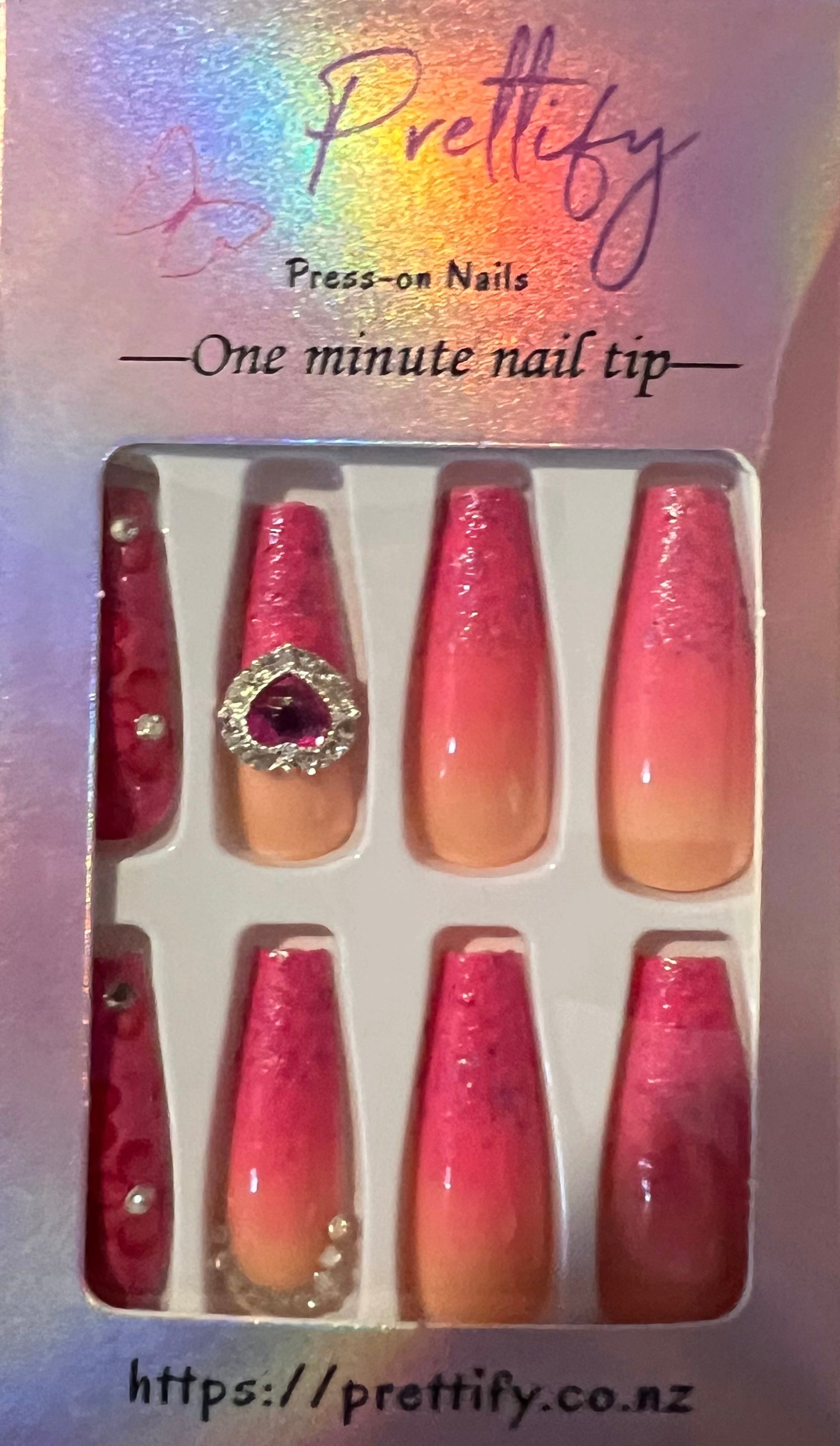 Long Coffin Press on Nails Red, Pink & Purple with Jewels & Hearts. Easy and quick to apply. Great for those special occasions, parties or add an edge to any outfit. Gorgeous, flattering and you can re-use them again and again.