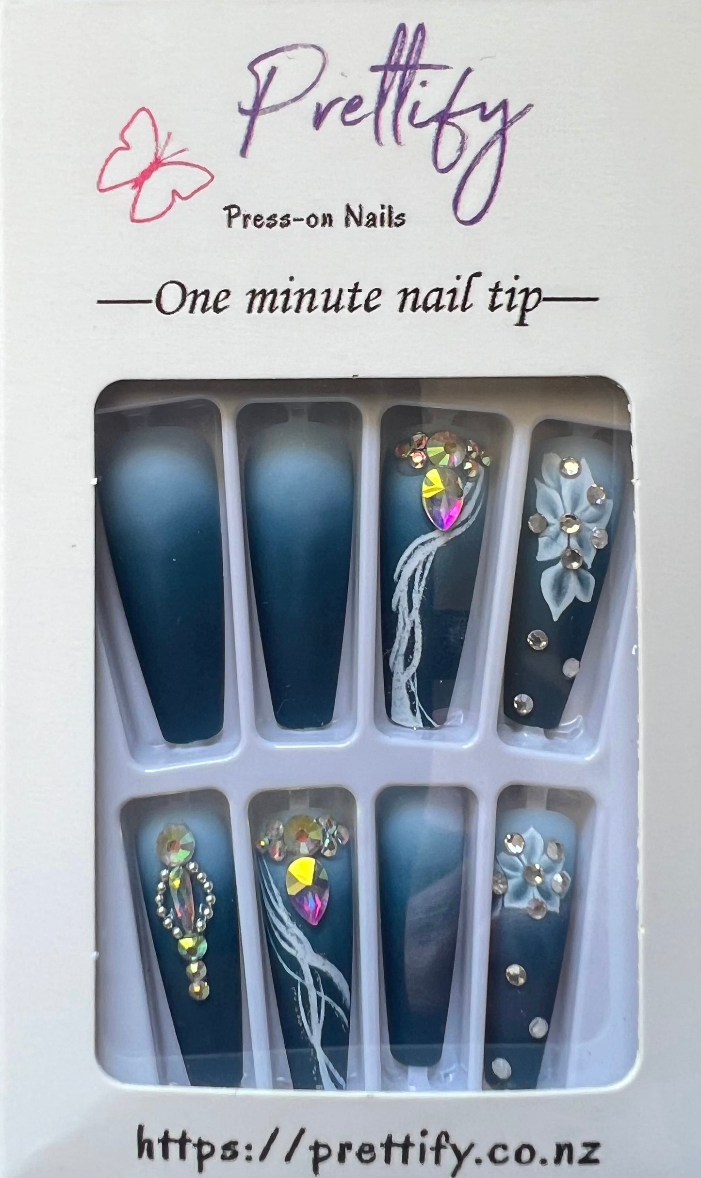 Midnight Blue & Pale Blue with White Flowers, Swirls & Jewels - Coffin Press on Nails #BKS1544