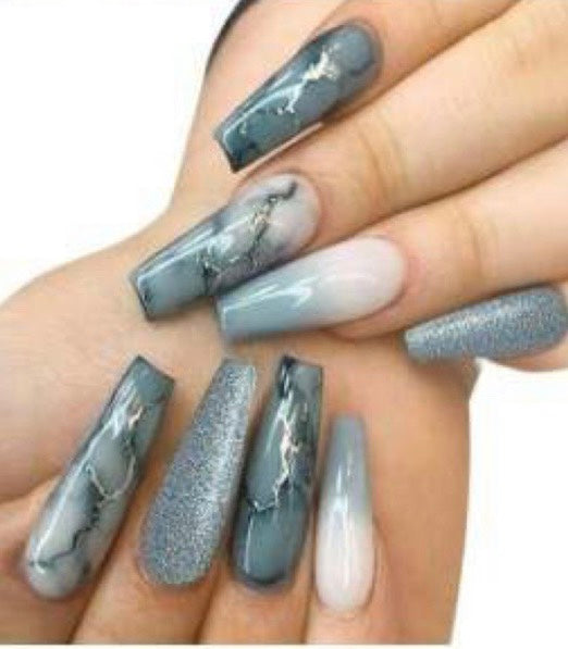 Long Coffin Press on Nails. Grey/Green Marble & Glitter. Easy and quick to apply. Great for those special occasions, parties or add an edge to any outfit. Gorgeous, flattering and you can re-use them again and again.