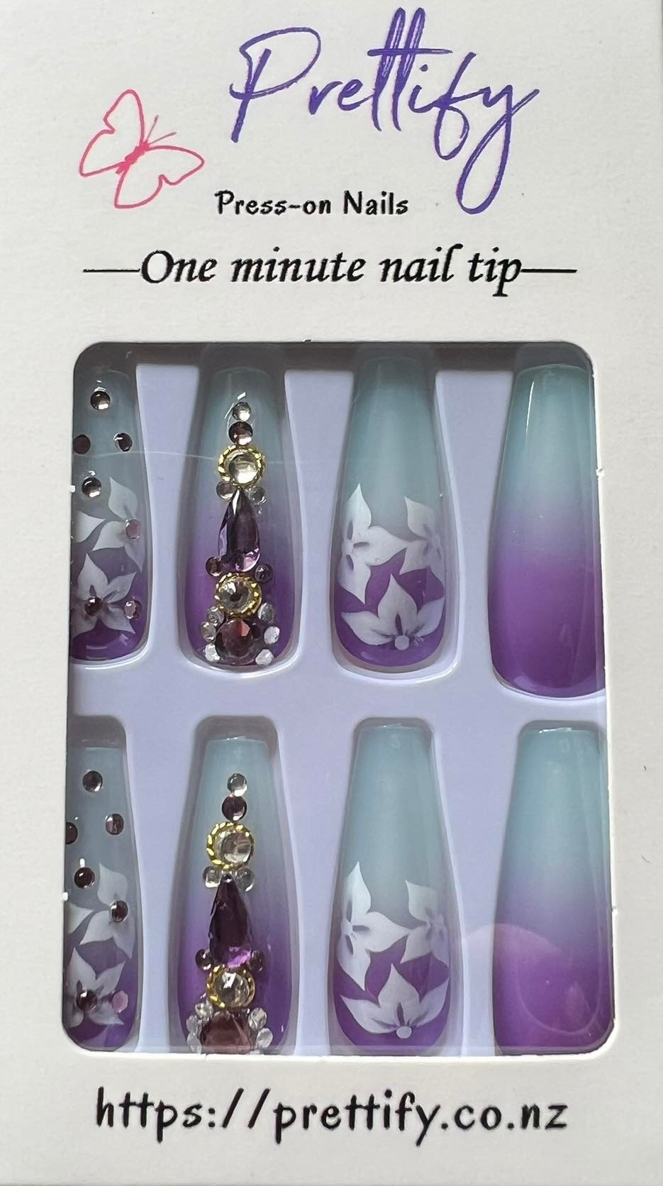 Long Coffin Press on Nails. Lilac & Blue with White Flowers & Jewels. Easy and quick to apply. Great for those special occasions, parties or add an edge to any outfit. Gorgeous, flattering and you can re-use them again and again.