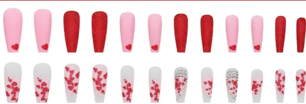 Long Coffin Press on Nails. Red & Pink Hearts & Jewels. Easy and quick to apply. Great for those special occasions, parties or add an edge to any outfit. Gorgeous, flattering and you can re-use them again and again.