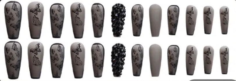 Black with Butterflies & Black Jewels. Coffin Press on Nails. 24pcs.