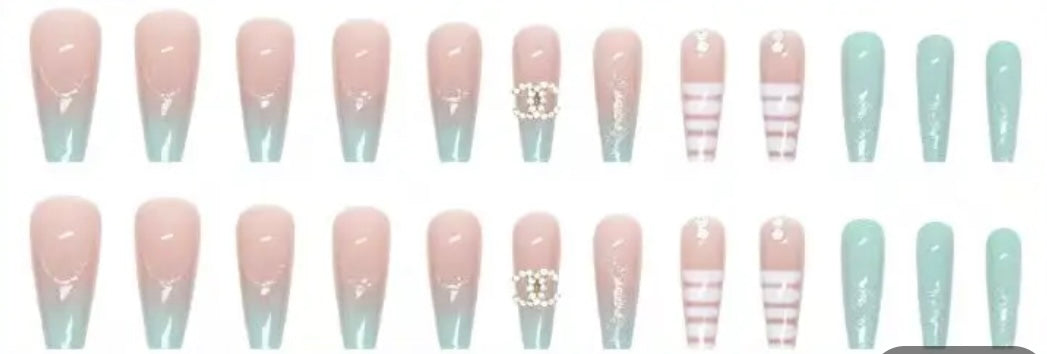 Aqua, White & Silver with Jewels - Coffin Press on Nails #465