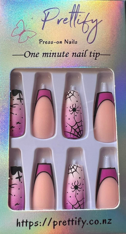 Spooky - Purple with Black Spiders, Web & Bats - Coffin Press on Nails #W844