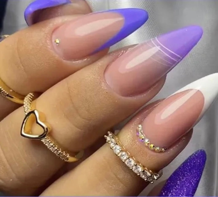 Purple, Lilac & White Tips & Jewels - Almond #Z673