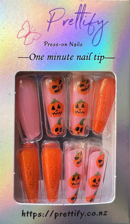Halloween - Orange with Glitter & Peach with Pumpkins. Press on Nails. Long Coffin Style.