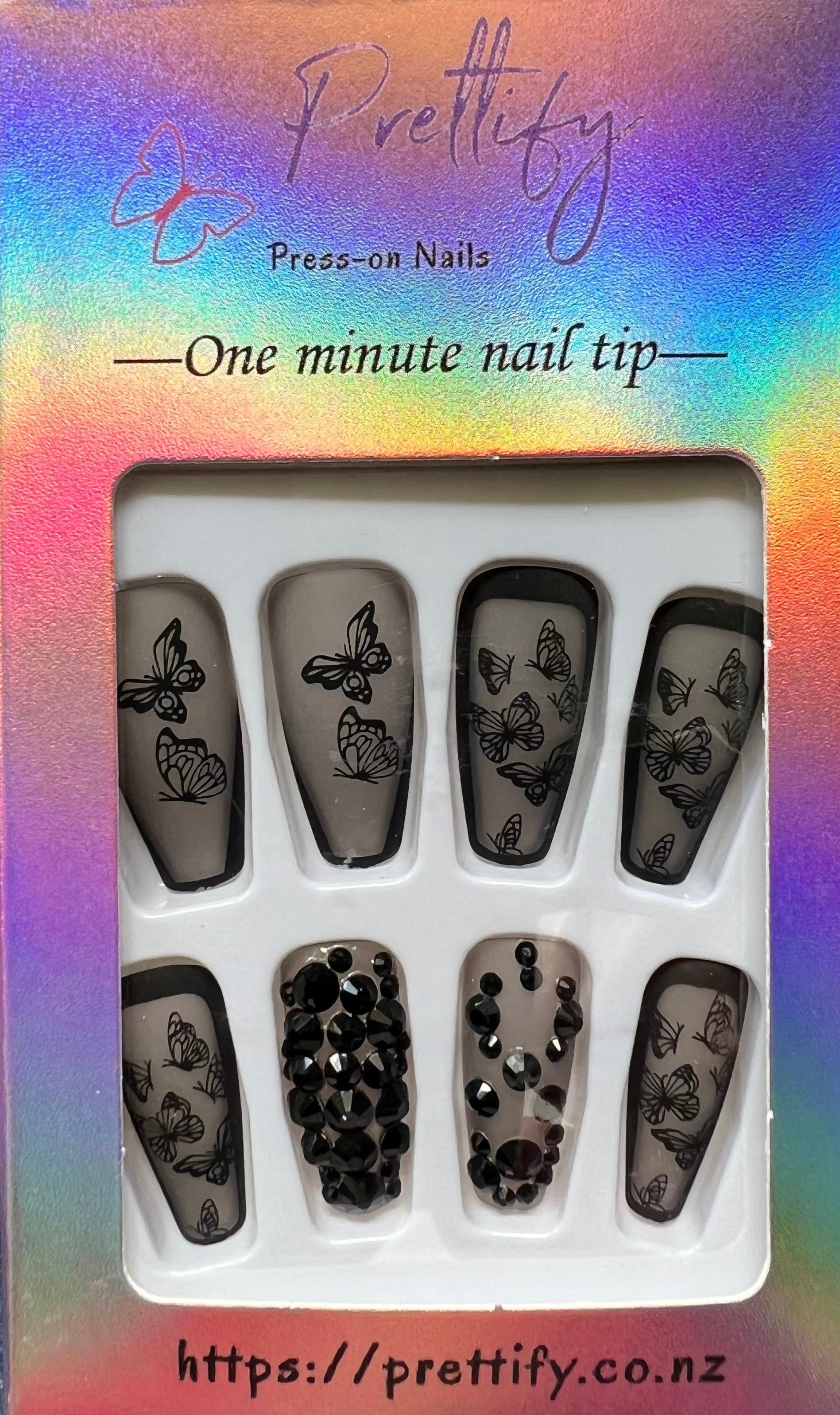Black with Butterflies & Black Jewels. Coffin Press on Nails. 24pcs.