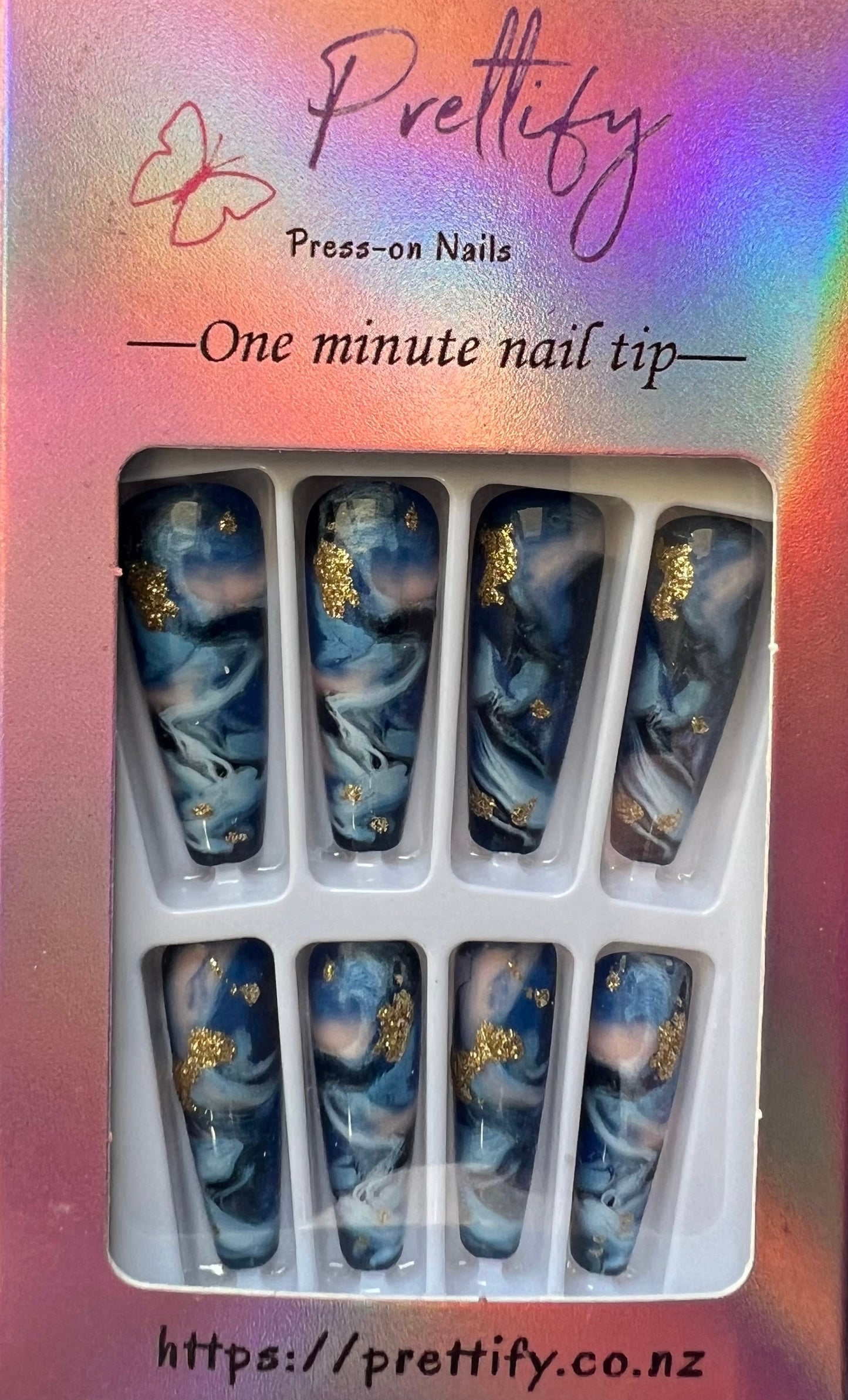 Light Blue & Dark Blue & Pink Swirls with Gold Glitter - Coffin Press on Nails #BKS1471
