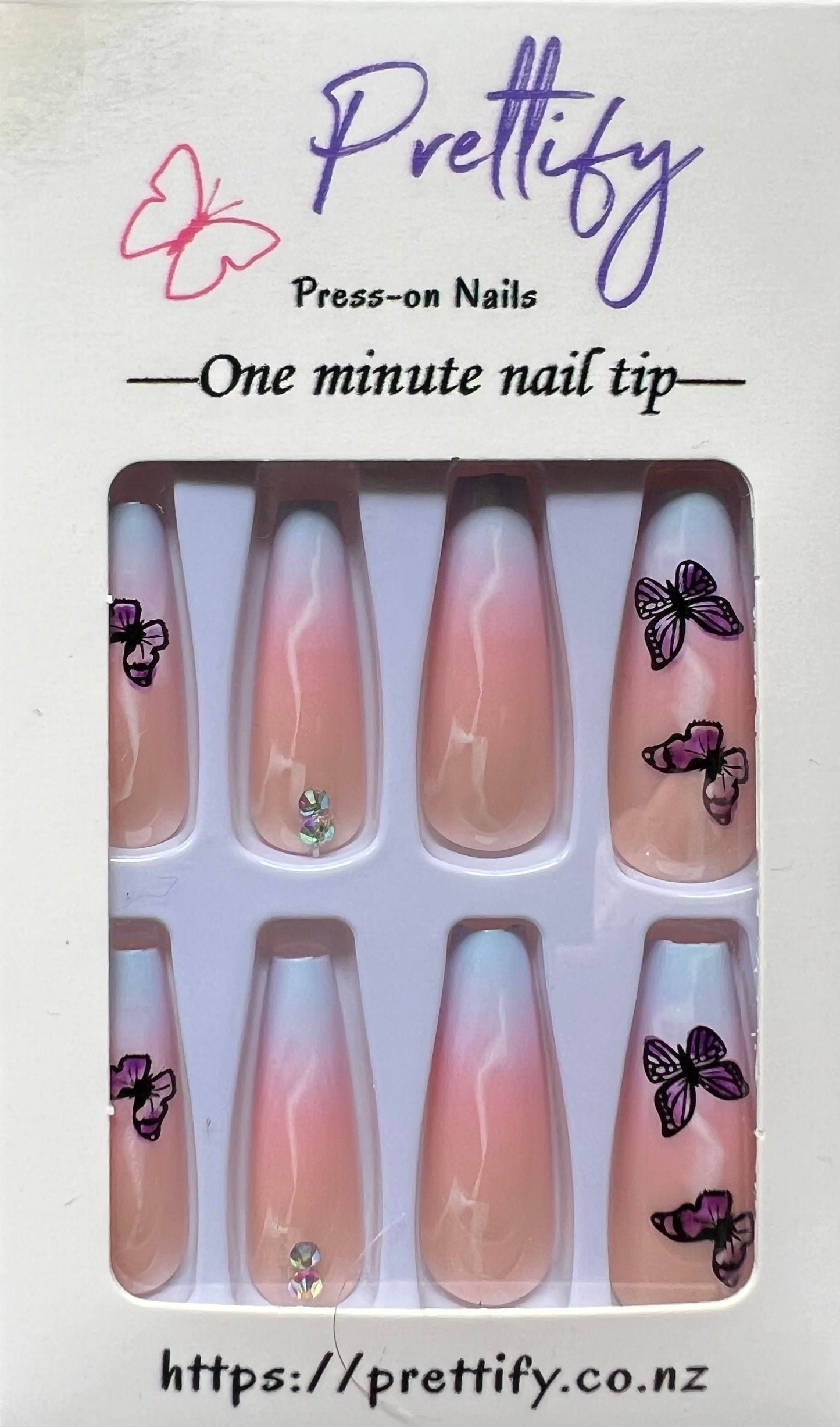 Pink & Pale Blue with Butterflies - Coffin Press on Nails #217