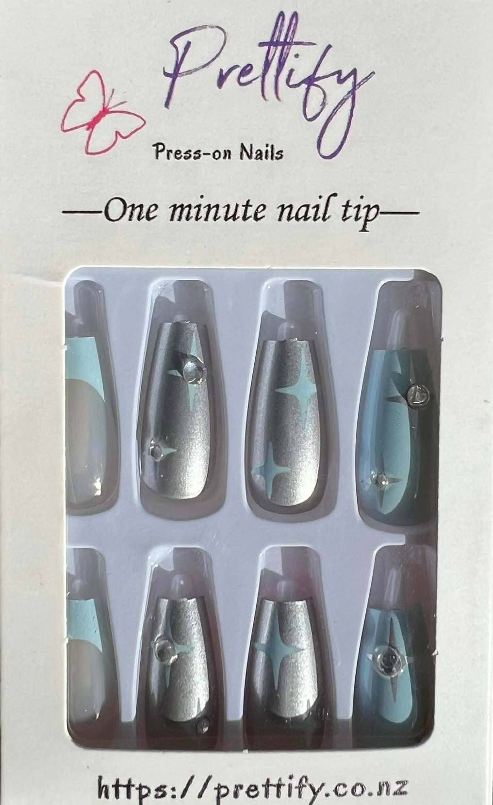 Pale Blue & Silver with Jewels & 3D Heart Jewel - Coffin Press on Nails #Z752